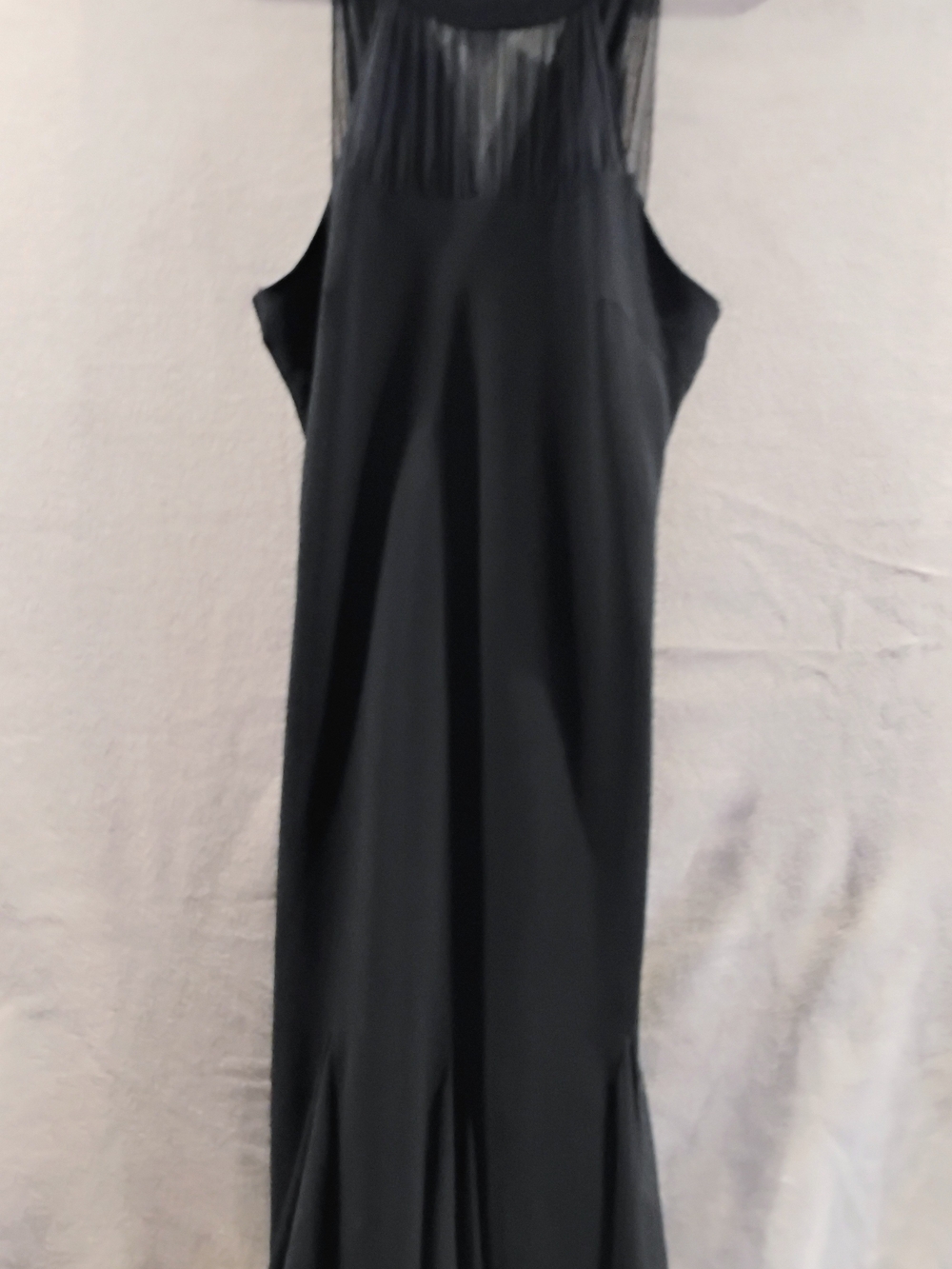 S.L. Fashions Black Sleeveless Evening Gown with Sheer Yoke